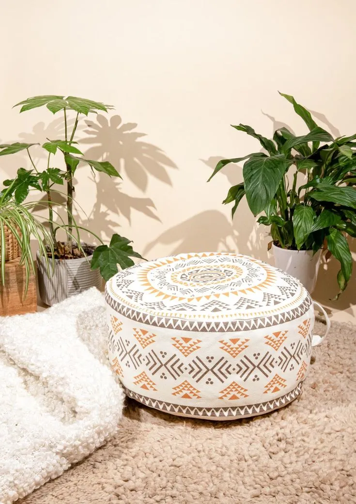 Aztec Pattern Round Pouf with Plants