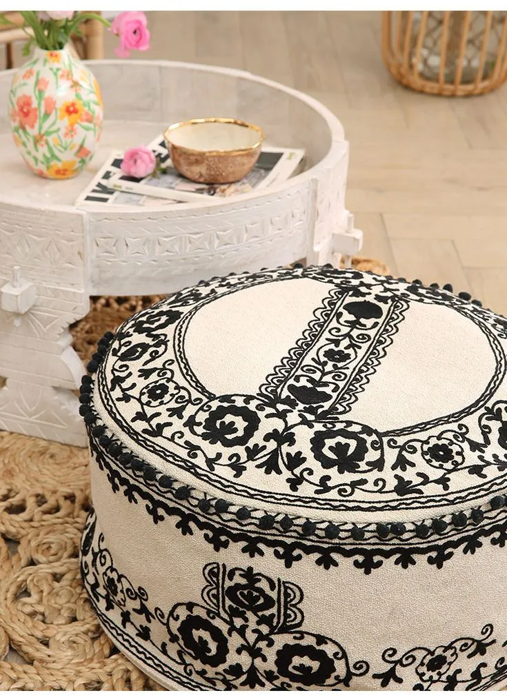 Black & White Embroidered Round Pouf
