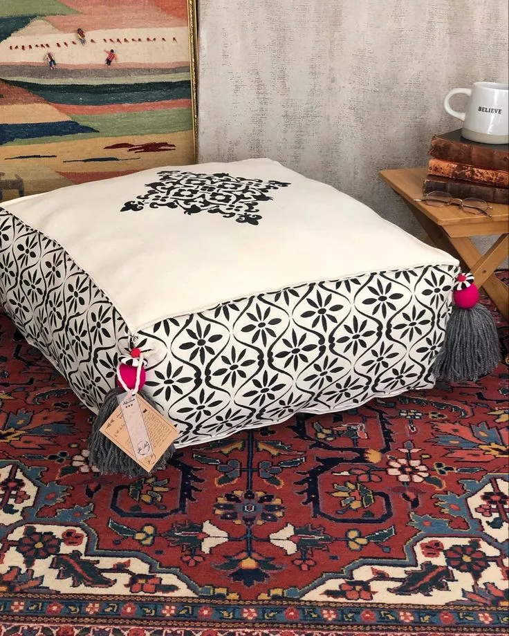 Block Print Floor Pouf with Tassels