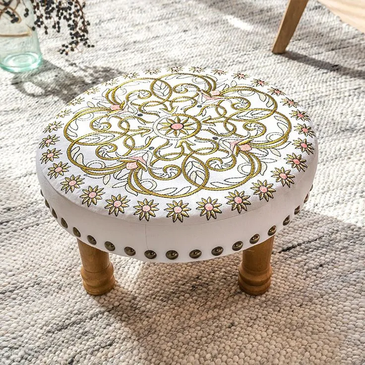 Floral Gold Embroidered Round Stool