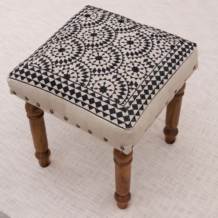 Geometric Black & White Embroidered Stool