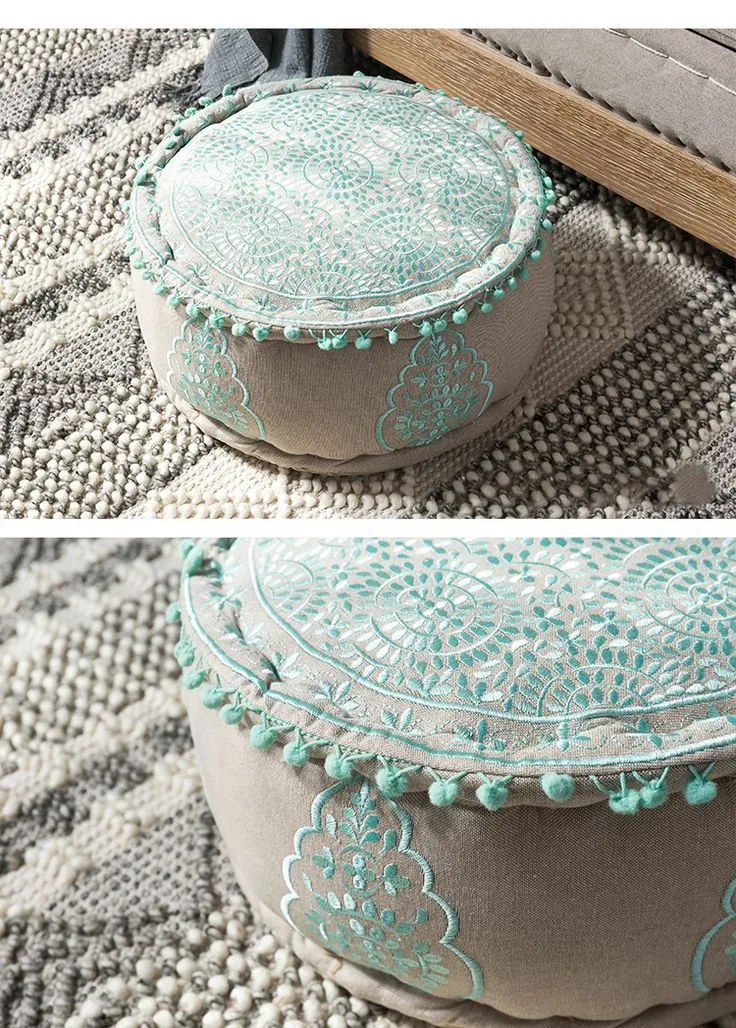 Mint Green Embroidered Round Pouf