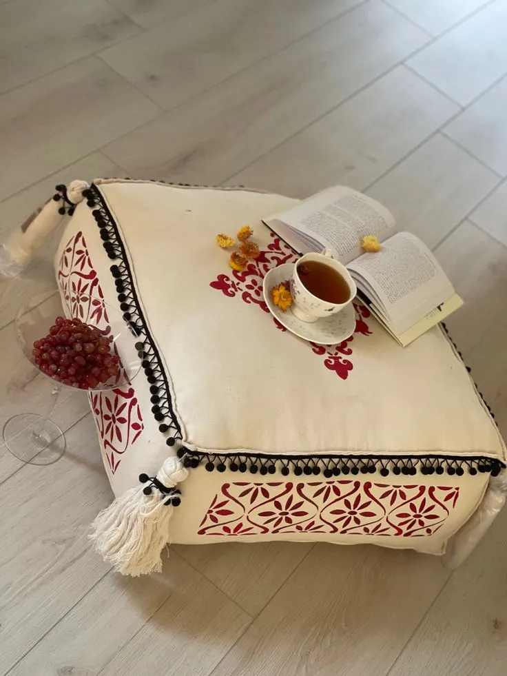 Handcrafted Floor Pouf with Red Block Print Design